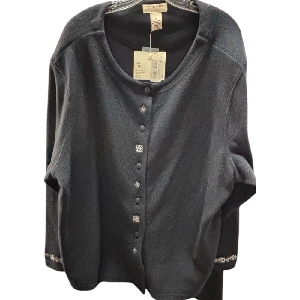 Vintage Bechamel II NWT Women's 3X Black Fleece Sweater Cardigan White Filigree